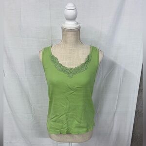 Y2K 90s Ralph Lauren Lime Green Lace-Trim Tank Top Ribbed Knit